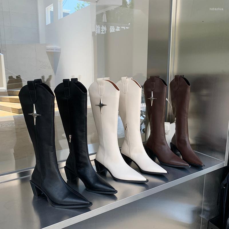 

Boots Winter Women Knee High Pointed Toe Black Brown Beige Thick Heels Side Zipper 2022 Arrivals Stretch Shoes Woman