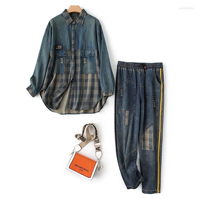 

Women's Two Piece Pants Women'S Fashion Big Yards Grid Splicing Cowboy Shirt Pcs Leisure Suit Loose Top Denim Casual Lady Set Clothing, Blue