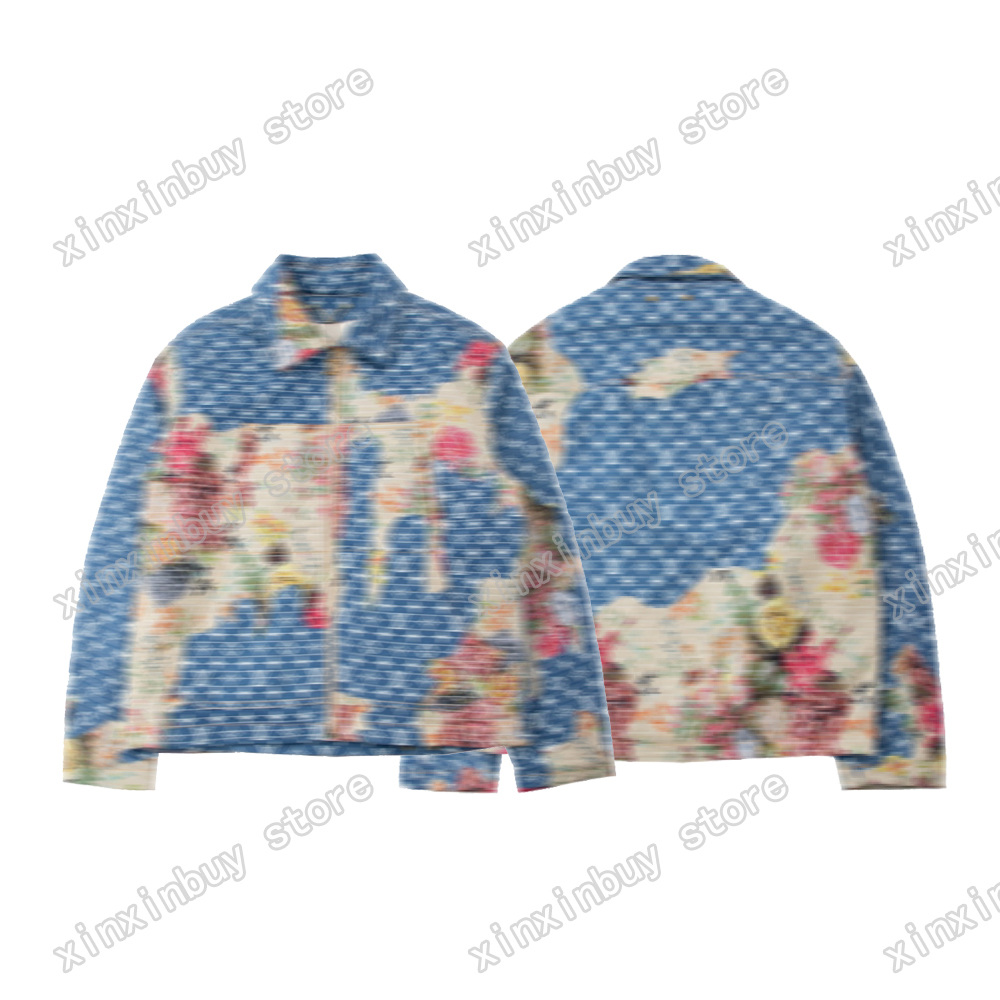 

xinxinbuy Men Designer coat Jacket Flower denim Panelled Women paris cotton Wash water Lapel Neck black blue S-XL, Multi