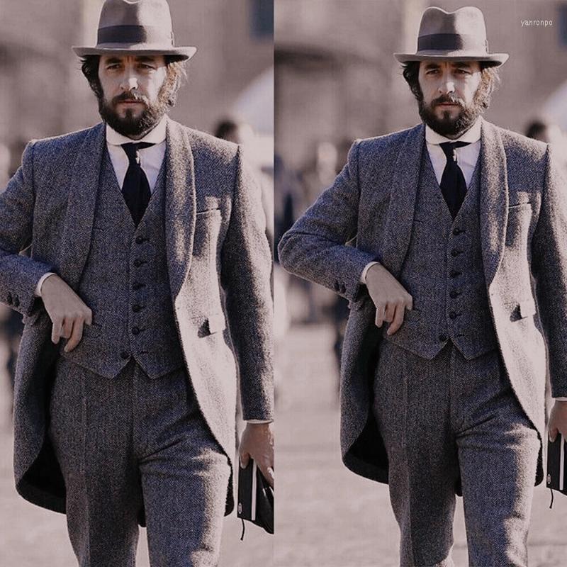 

Men's Suits Men's & Blazers Dark Grey Woollen Herringbone Tweed Men Formal Tuxedo Groom For Wedding Work Wear Man 3PCS, Color card color