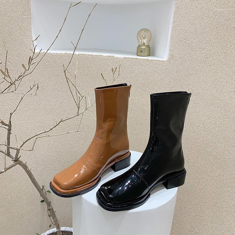 

Boots Patent Leather Women Ankle Brown/Black Square Toe Mid Calf Flat Low Heels Side Zipper Winter Botas Dress Shoes Woman