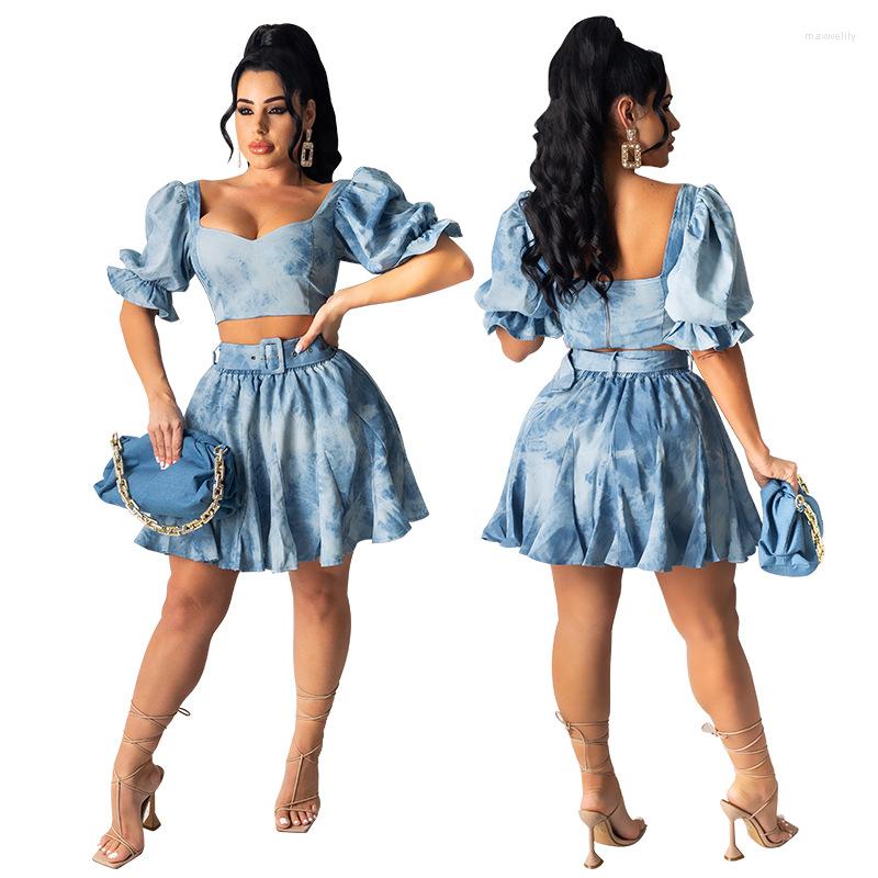 

Work Dresses Chiclover Street Sweet Pleated Skirts Sets Wholesale Items Washed Puff Sleeve Top And Mini Skirt Tie Dye Women Two Piece Set, Blue