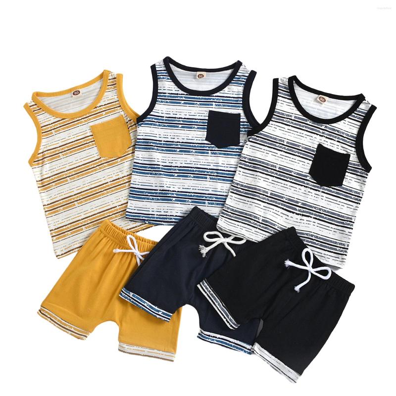 

Clothing Sets Kids Baby Boys 2-piece Outfit Set Sleeveless Striped Print Tops Shorts For Children 1-5T, Yellow