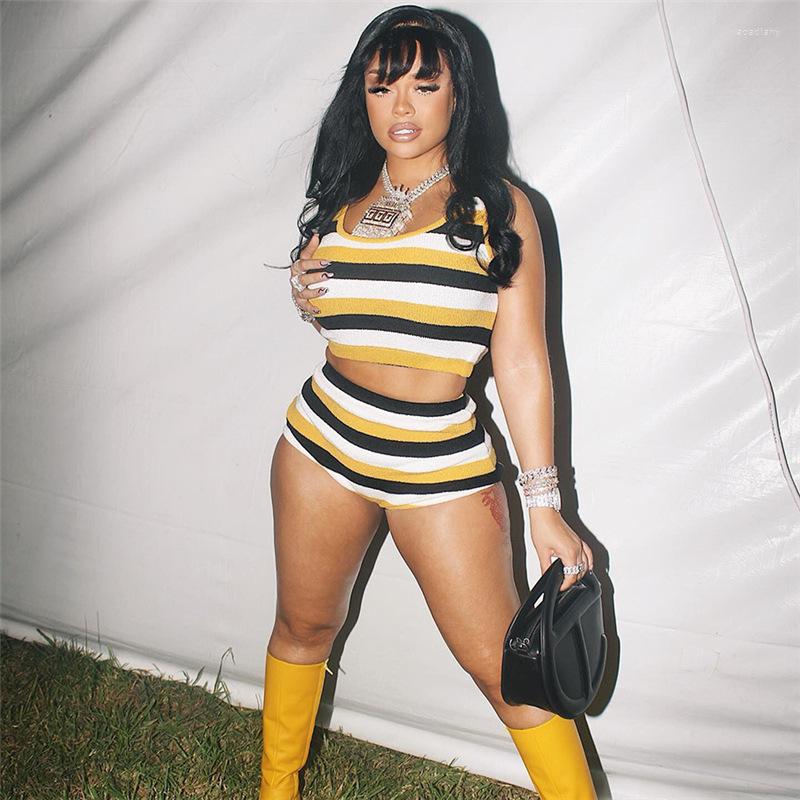

Women' Tracksuits Temperament Commute Fashion 2022 Fall Women' Closing Vest Sexy Girl Knited Striped Slim Short Two-Piece Suit, Yellow