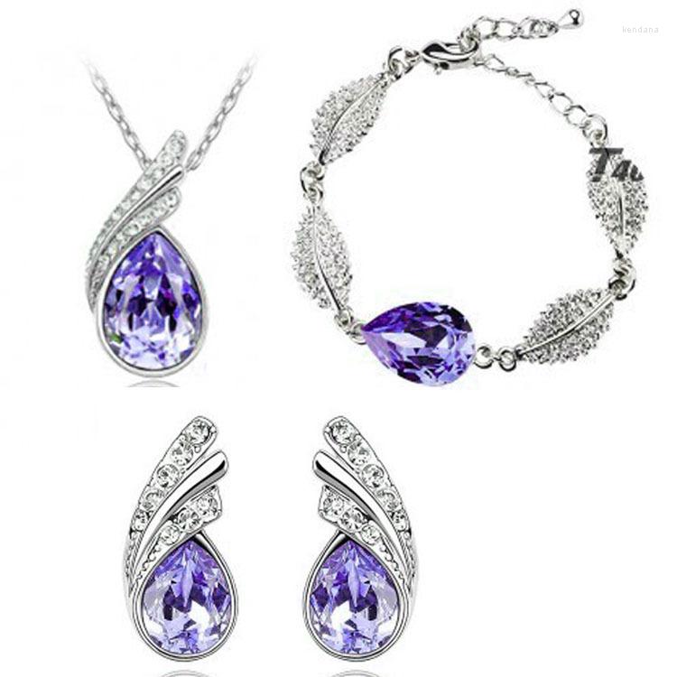 

Necklace Earrings Set 3PCS Purple Crystal Inlaid Bridal Jewelry Aussie Acacia Leaf Pendant Earring Bracelet For Women, Picture shown