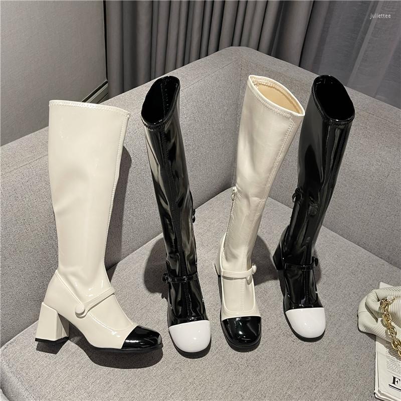 

Boots Round Toe Women Knee High Mixed Color Black White 2022 Arrivals Belt Buckle Side Zipper Stretch Shoes Sock Booties 39