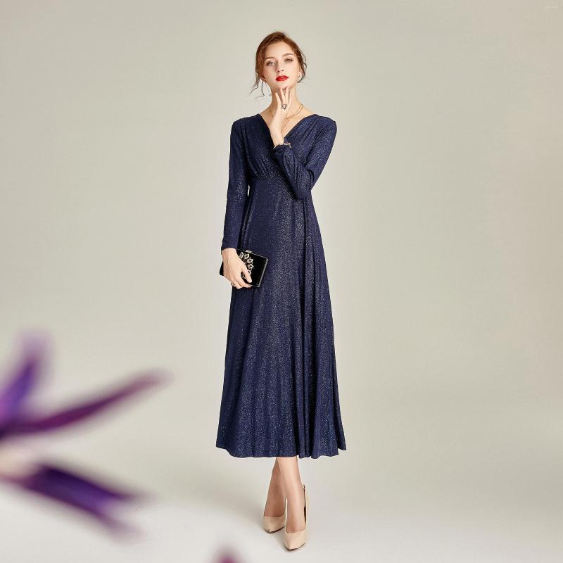 

Casual Dresses England Style Fashion Long Dress Office Lady Sequins Evening Wedding Clothing V-Neck Women Sleeve Runway, Blue