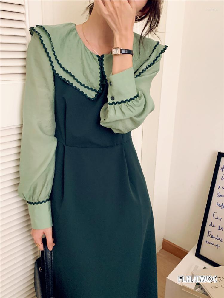 

Casual Dresses Fake Faux Two 2-Piece 2022 Autumn Women Long Sleeve Layer Fashion French Design Patchwork Retro Vintage Shirt Dress, Khaki