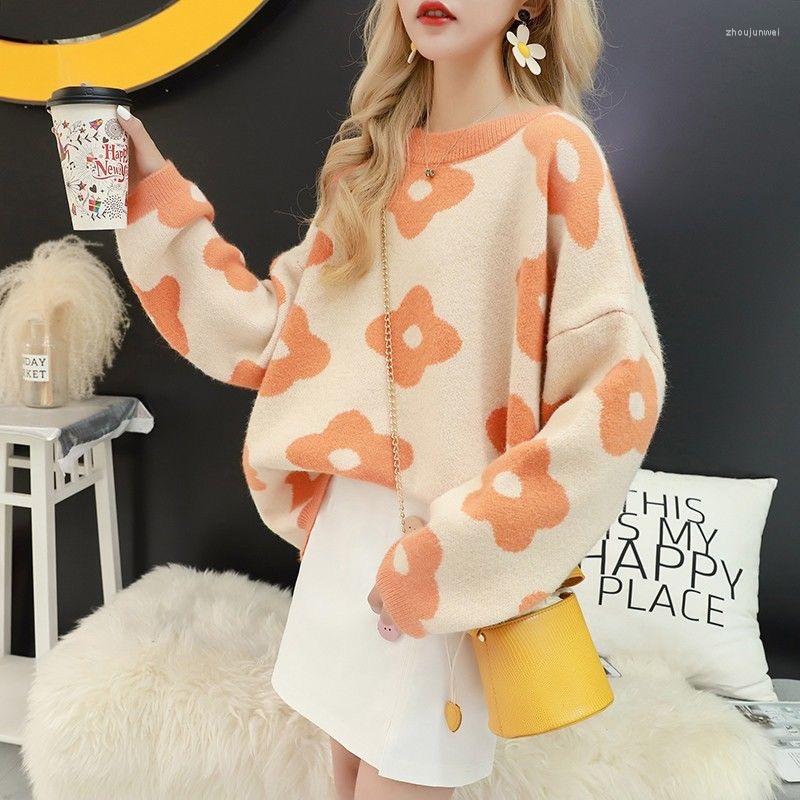 

Women's Sweaters Korean Fashion Autumn Winter Sweater Female 2022 Floral Printing Long Sleeve Women's Pullover Soft Kobieta Swetry, Orange