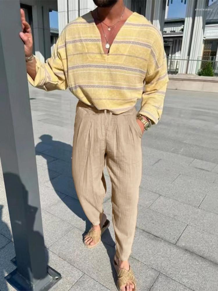 

Men's Tracksuits Male Streetwear Beach Shirts Pants Outfit Men V Neck Pullover Tops Solid High Waist Breathable Cotton Linen Long Trouser, 04 suit