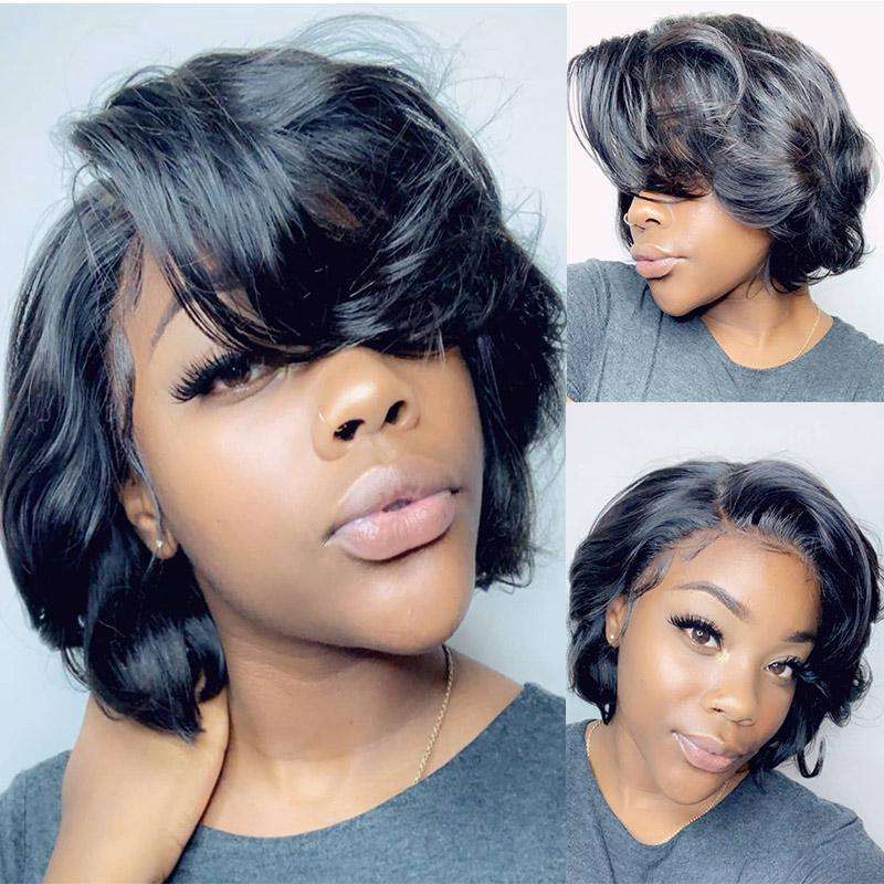 

Wholesale Lace Front Wig 6 inch 150% Density Loose Wave Pixie Cut Wigs Human Hair Short Bob Lace Front Wig, Natural black