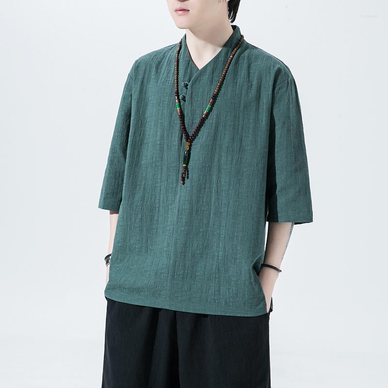 

Men's T Shirts 2022 Chinese Style Summer Thin Linen T-Shirts Loose Plus Size Short Sleeve Ethnic Casual Tai Chi V-Neck Top Men Clothing, Gray