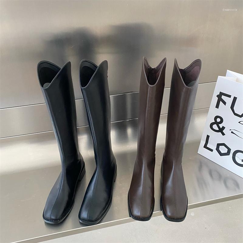 

Boots Square Toe Fashion Women Knee Booties 2022 Arrivals Black Brown Flat Heels Winter Ladies Low Party Pumps Size 39