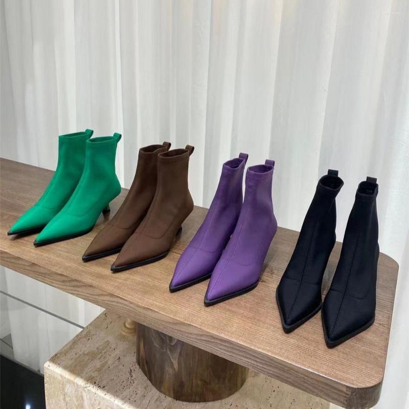 

Boots Pointed Toe Women Sock Black/Purper/Green/Brown 2022 Arrivals Slip On Stretch Shoes Thin Mid Heels Party Elastic Band