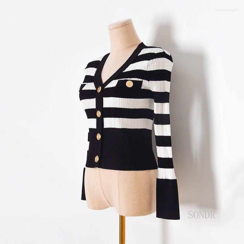

Women' Knits Black White Striped Cardigan Women High Fashion Knitted Chic Cropped Tops 2022 Autumn V-neck Sweater Pink