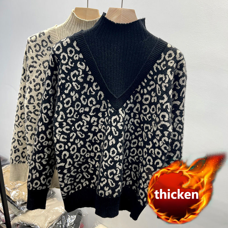 

QNPQYX New Winter Knitted Mock Neck Women Leopard print Padded velvet Sweater Full Sleeve Oversize Street Top Fashion Pullovers Jumpers, Black
