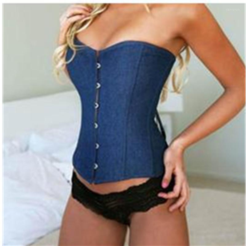 

Bustiers & Corsets Sexy Deep Blue Denim Corset With Lace Thong Women Overbust Waist Cincher Bustier Buckle Jeans Corselet Top StreetwearBust, As shown