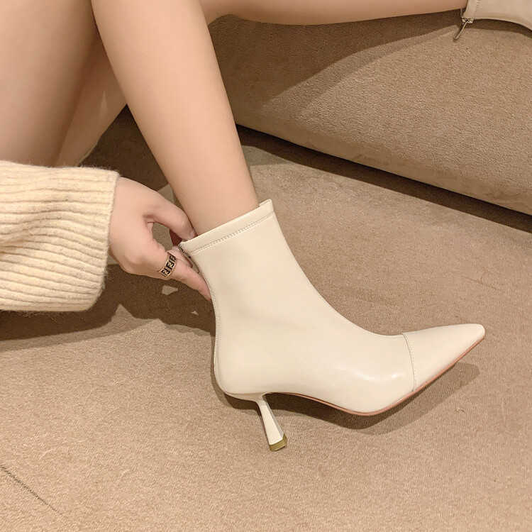 

Boots All sheepskin Korean version 2022 autumn and winter women's pointed high heel short boots Chelsea Knight Martin boots, Black (plush)