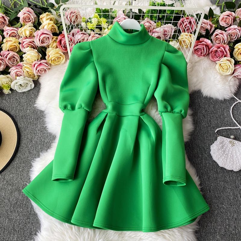 

Casual Dresses FTLZZ Spring Elegant Women Turtleneck Puff Sleeve Dress Lady High Waist Slim A-line Solid, Green