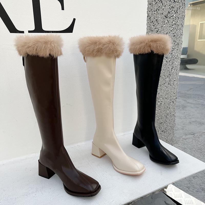 

Boots Square Toe Women Knee High Black White Brown Fur Autumn Winter Woman Thick Mid Heels Fashion Sock Size 35-39