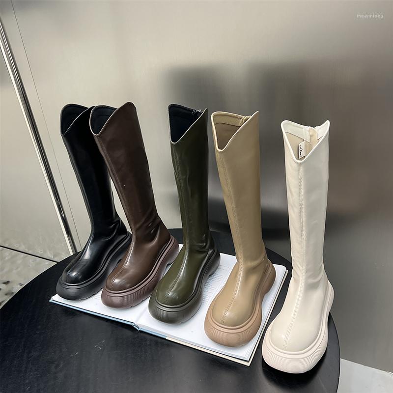 

Boots 2022 S Women Slim Knee Round Toe Black Green Brown Beige White Winter Sock Booties Platform Flat Heeled Back Zipper