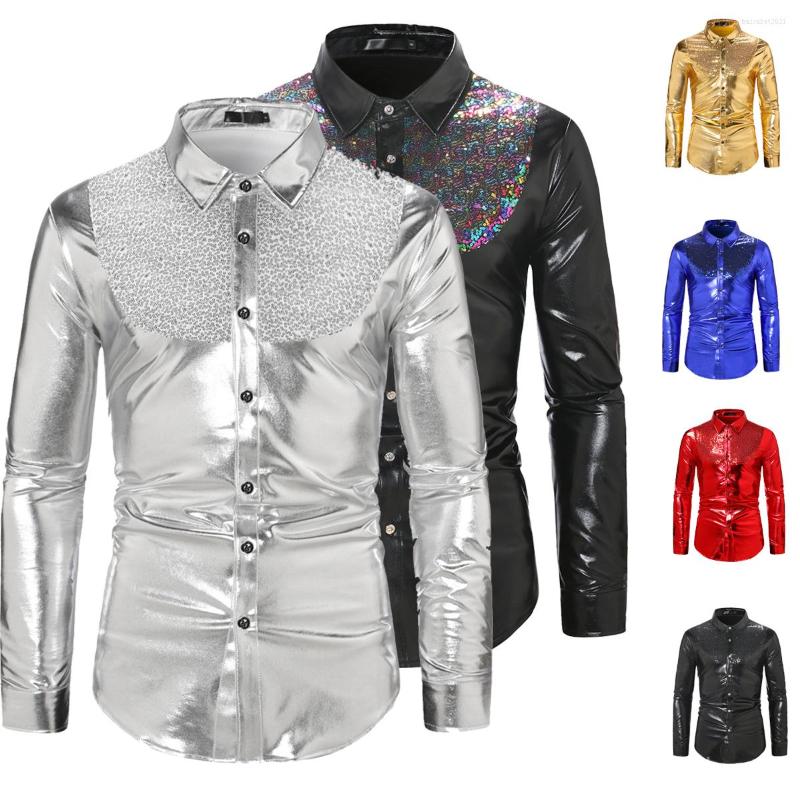 

Men' Dress Shirts Men' Sequins Long Sleeve Shirt Wedding Nightclub Disco Dance Shiny T-shirt Fashion Solid Slim Button Top Club Party, Black