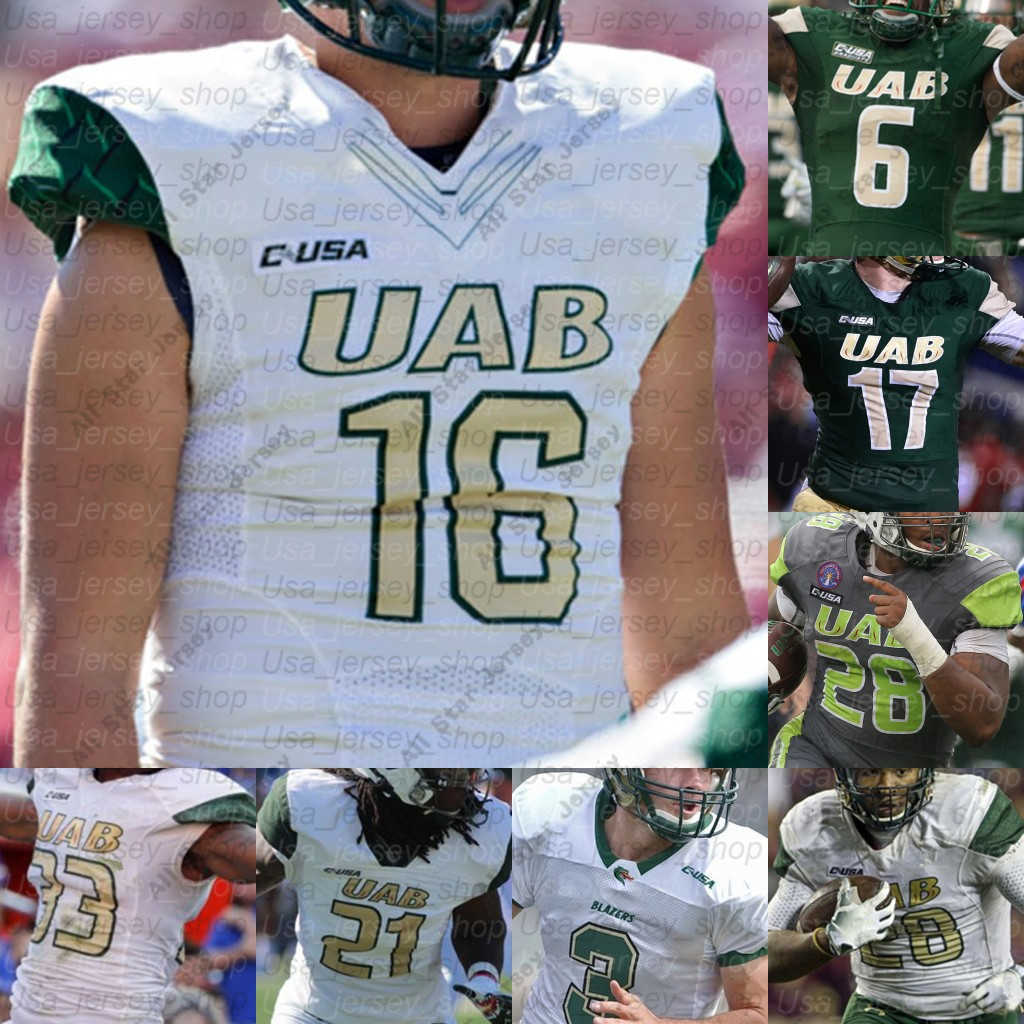 

American College Football Wear Custom UAB Alabama Birmingham Blazers College Football Jerseys Tyler Johnston III Austin Watkins Dylan Hopkins Spencer Brown Jr., Grey