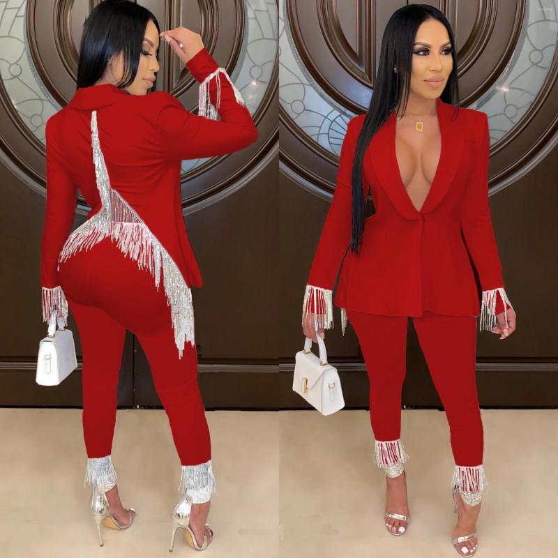 

Women' Two Piece Pants Autumn Winter Fashion OL Tassel Set Women Sexy V-neck Suit Coat Pencil, Black