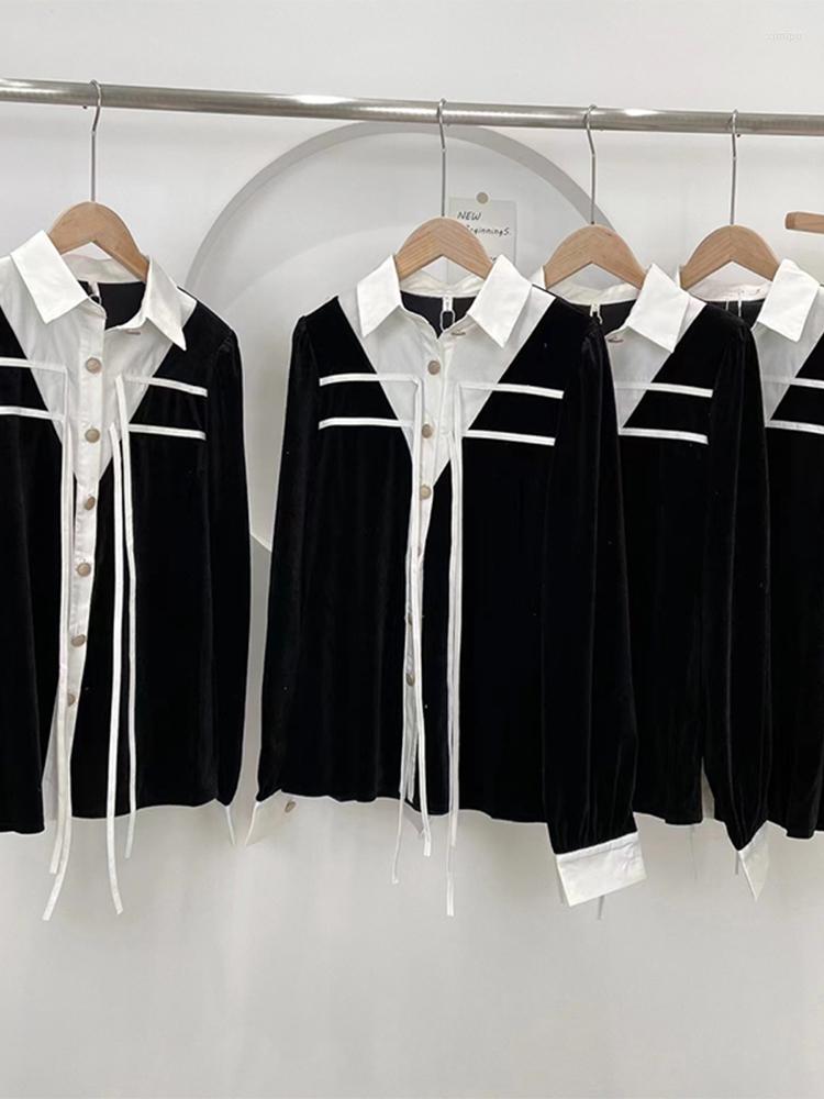 

Women's Blouses Women 2022 Autumn Summer Contrast Color Patchwork BF Style Single Breasted Long Sleeve Female Vintage Shirt Chic, Black