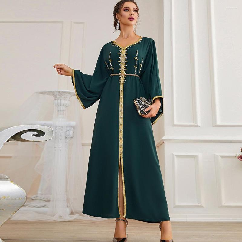 

Ethnic Clothing Dubai Hijab Women Dresses V-Neck Hand Stitched Raglan Sleeve Party Dress 2022 Kaftan Abayas Djellaba Moroccan Vestidos