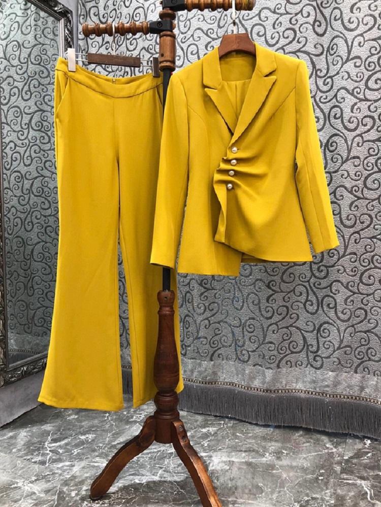

Women' Two Piece Pants Top Quality Blazer Sets 2022 Autumn Winter 2 Pant Women Beading Button Coats Flare Leg Long Yellow Black