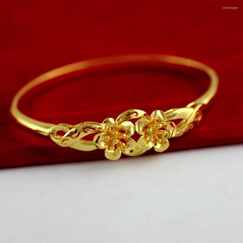 

Bangle 2-Golden Flower Design Solid Yellow Gold Filled Bridal Womens