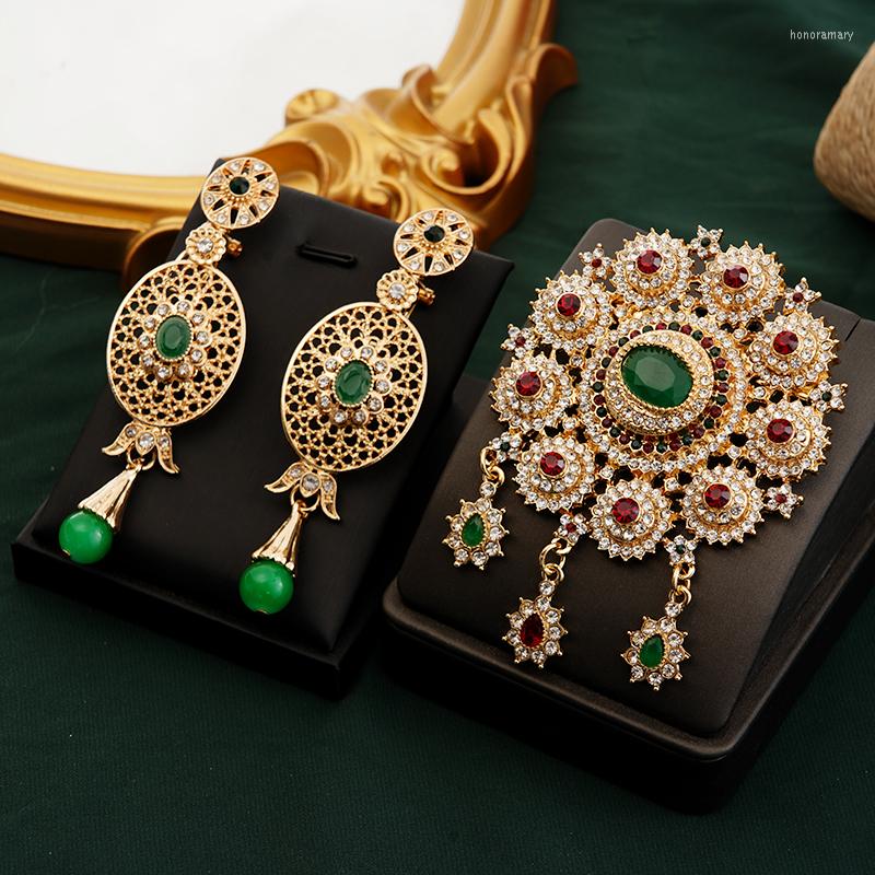 

Necklace Earrings Set Moroccan Wedding Jewelry Bridal Crystal Brooch Gold Color Pins Muslim Ladies Arabian Gifts, Picture shown