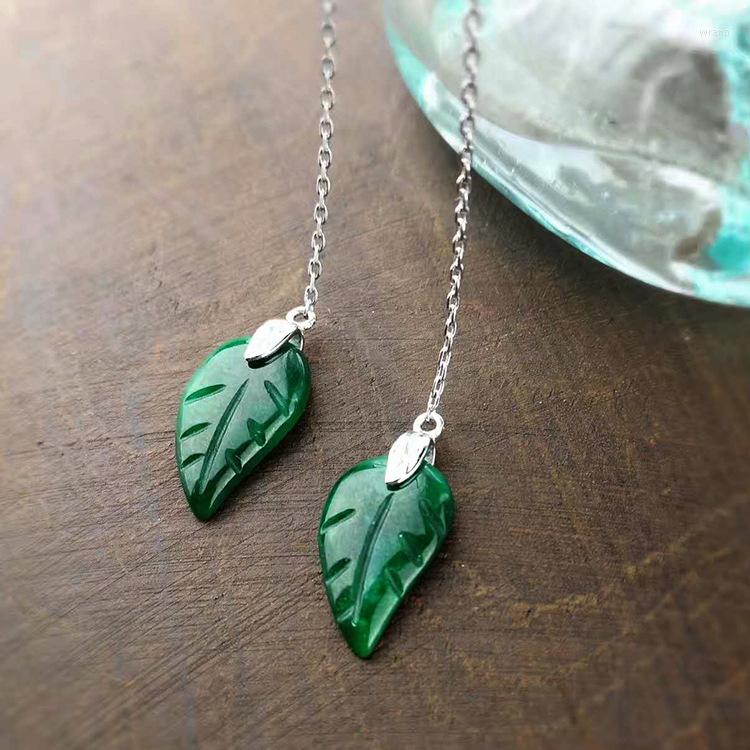 

Dangle Earrings 2022 Top Fashion Hand Inlaid Ear Jewelry Iron Dragon Jade Leaves Retro Long Ladies' Golden Branches And Leaves.