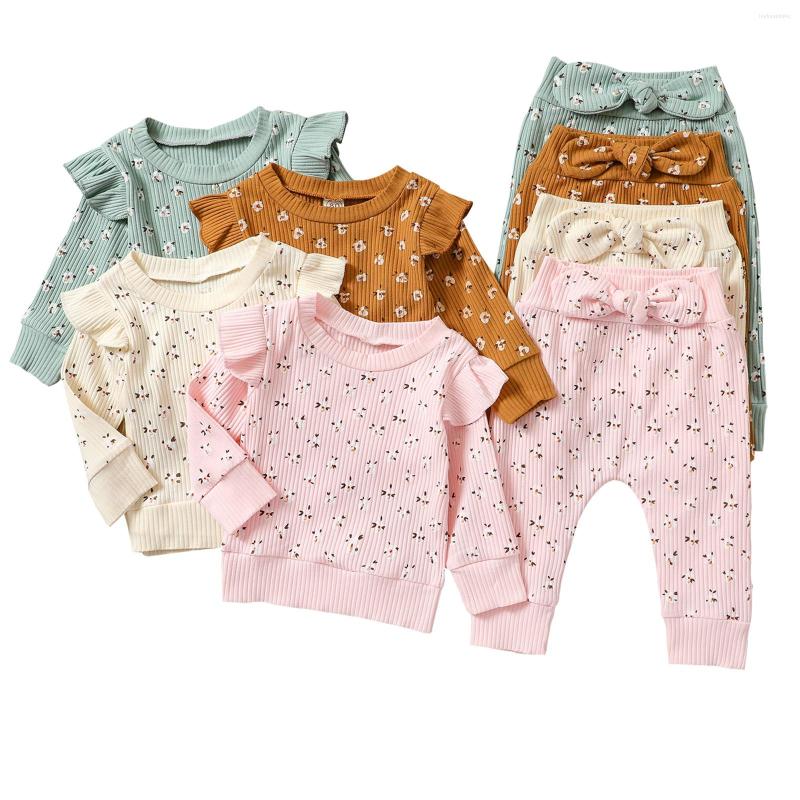 

Clothing Sets 2Pcs Children Autumn Tracksuit Floral Ruffled Long Sleeves Pullover Bowknot Pants For Girls 6 Months To 4 Years, Pink