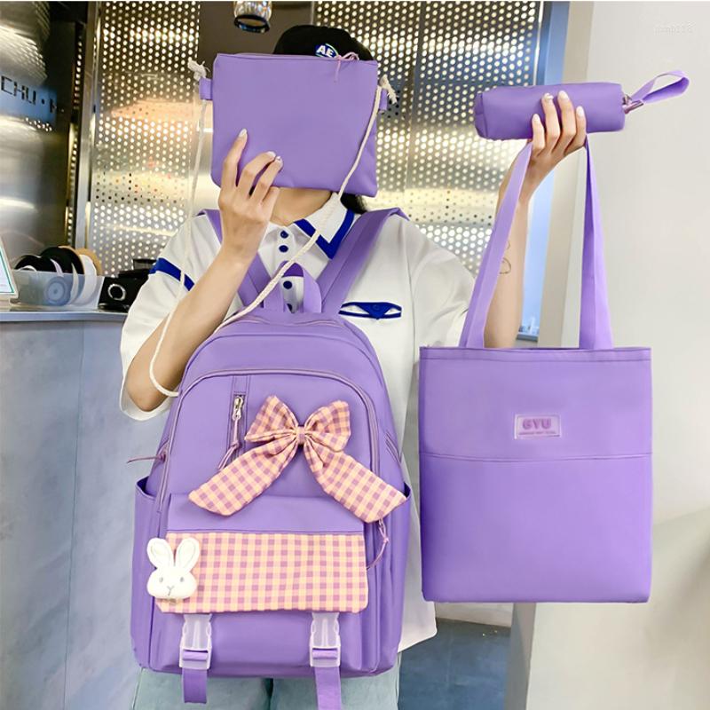 

School Bags Drop Kawaii 4pcs Sweet Check Bow For Girls Backpacks Students Large Capacity Primary Schoolbag, Black
