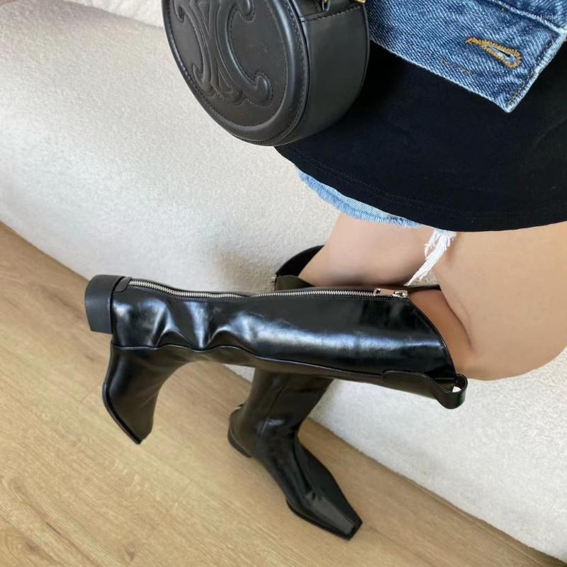 

Boots Square Toe Women Knee High Thick Low Heels Knight Booties Black White Back Zipper Western Botas Fashion Party Pumps 35-39