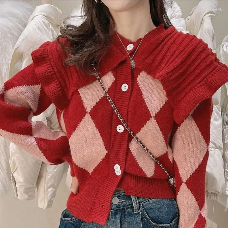 

Women's Knits Spring Autmn Diamond Lattice Doll Collar Sweater Cardigan Women's Knitted Coat Sueter Mujer Invierno 2022 Kawaii, Black