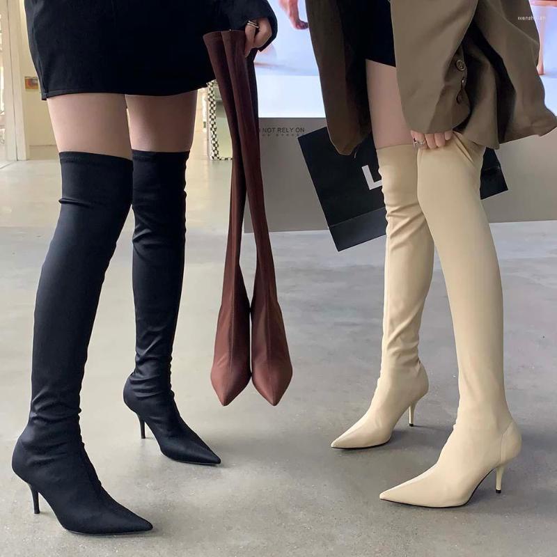 

Boots Ladies Over The Knee For Women Fashion Casual Slip On Sock Booties Thin High Heels Party Pumps Brown Black Beige Size 39