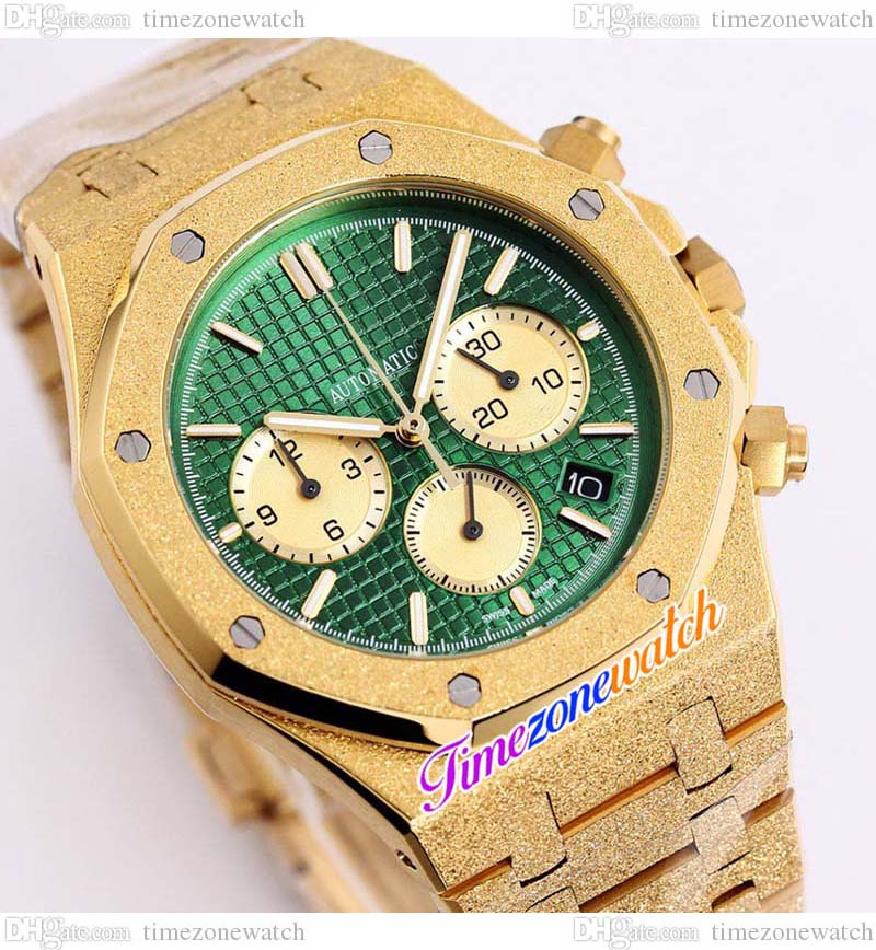 

K8F 41mm Japan Quartz Chronograph Mens Watch Green Texture Dial Stopwatch Stick Markers Frost Gold Case Frosted 18K Yellow Gold Bracelet New Watches Timezonewatch, K8-a27b (2)