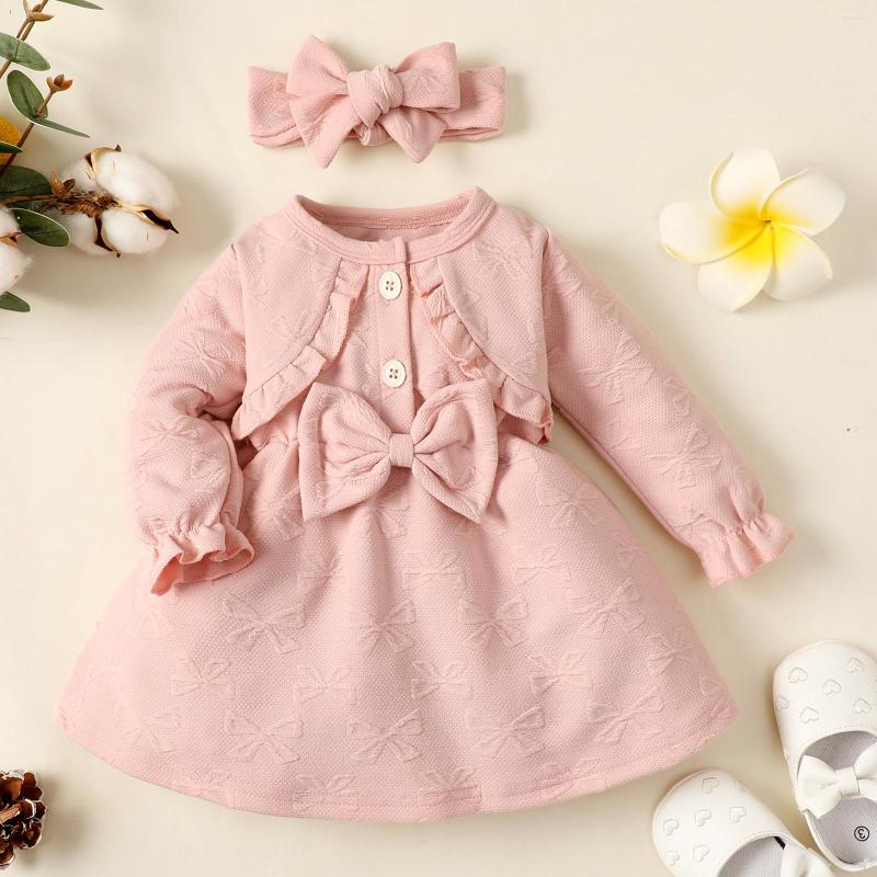 

Girl Dresses Spring Autumn Toddler Baby Dress Long Sleeve Cute Bow Print Casual Clothes Infant Ruffled Button Fashion, Pink