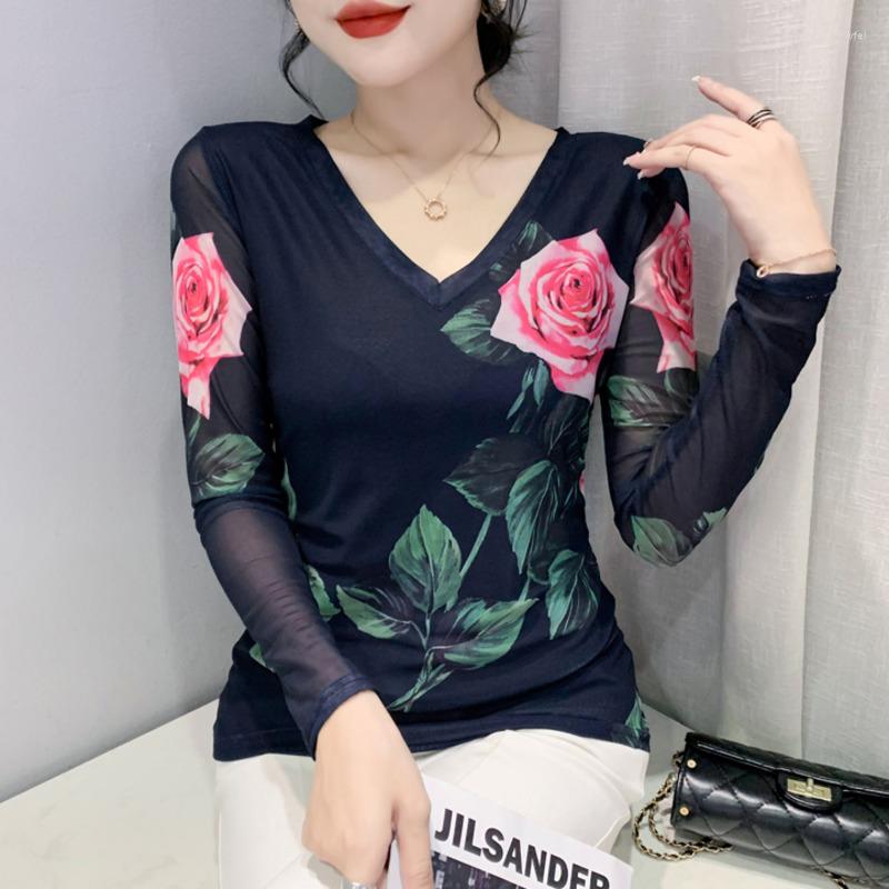 

Women' T Shirts Black Mesh Flower Print Shirt Women Retro Tshirt Female Long Sleeve V-neck Tight Streetwear T-shirt Ladies Korean Style, Picture color