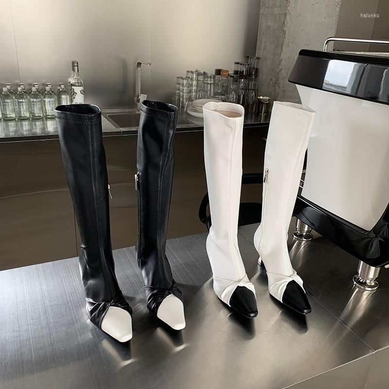 

Boots Mixed Color Women Knee Small Square Toe Sock Botas Stretch Shoes Thin Mid Heels Ladies Autumn Winter Size 35-39, Black