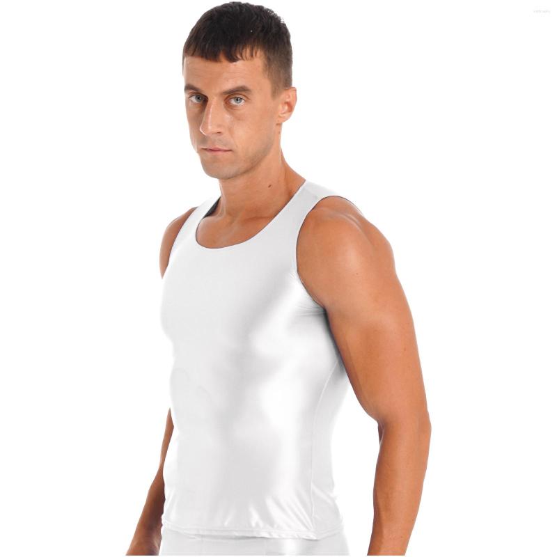 

Men's Tank Tops Mens Male Clothing Stretchy Sleeveless Bodybuilding Vest Sportswear Swimwear Glossy Gym Fintess Smooth Solid Color Top, Black