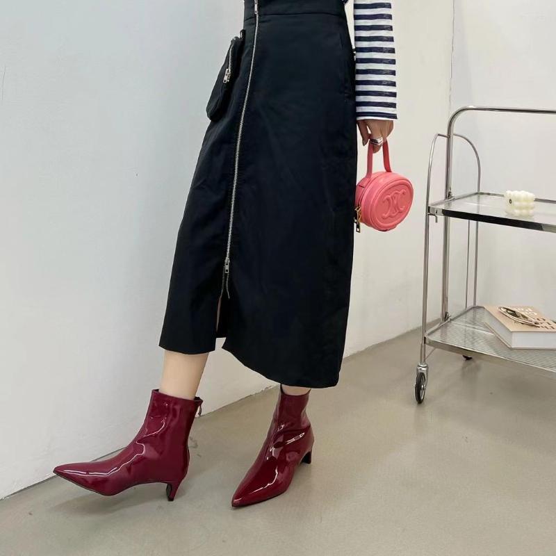 

Boots Pointed Toe Women Ankle Patent Leather Short Booties Black White Winter Autumn Thick Mid Heels Party Dress Shoes Woman 39