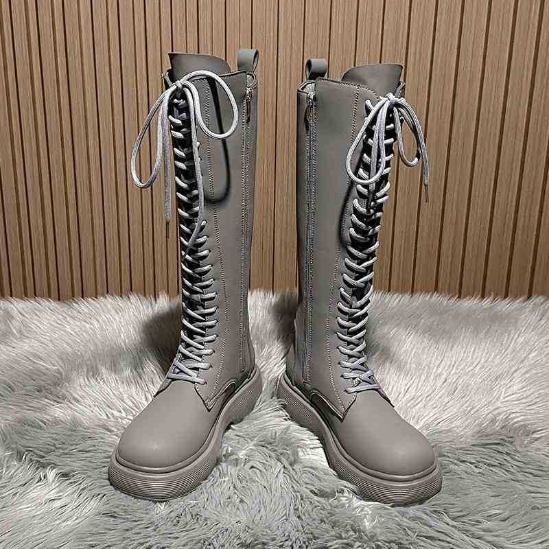 

Boots Dress Shoes Women Combat Antumn Female Platform Gothic Black Leather Lace Up Knee High Ytmtloy 2023 Botines De Mujer Rubber 1