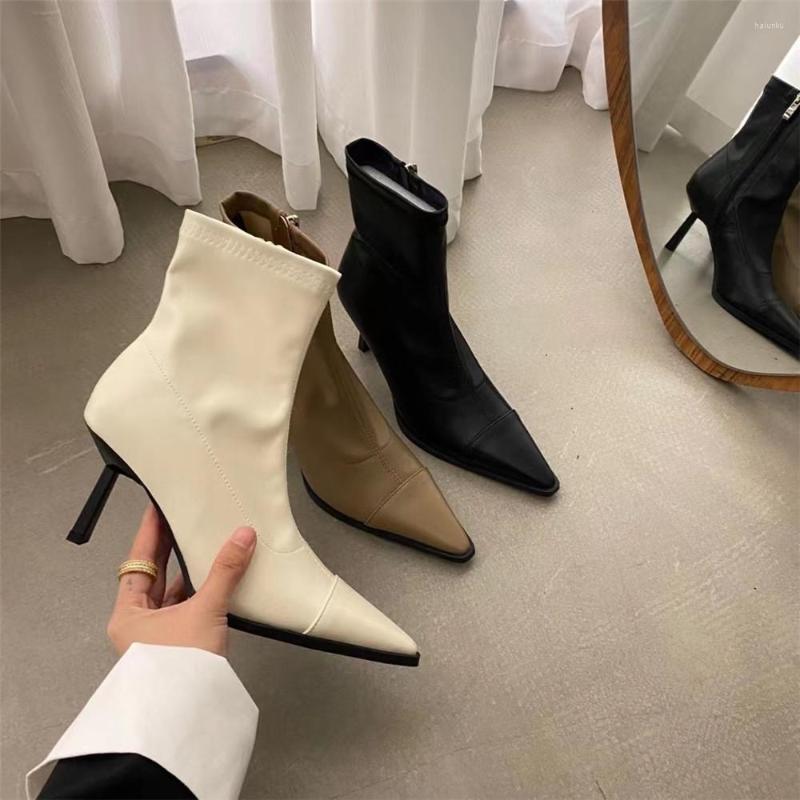 

Boots Fashion Women Ankle Pointed Toe Stretch Shoes Thin High Heels Side Zipper Elegant Winter Short Booties Black/Beige/Khaki