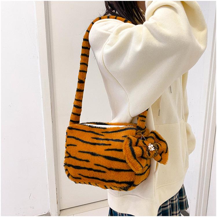 

Evening Bags Female Soft Fluff Crossbody Bag Handbag Zebra Stripe Print Cute Bowknot Plush Single-Shoulder For Girlfriend Wife, Brown