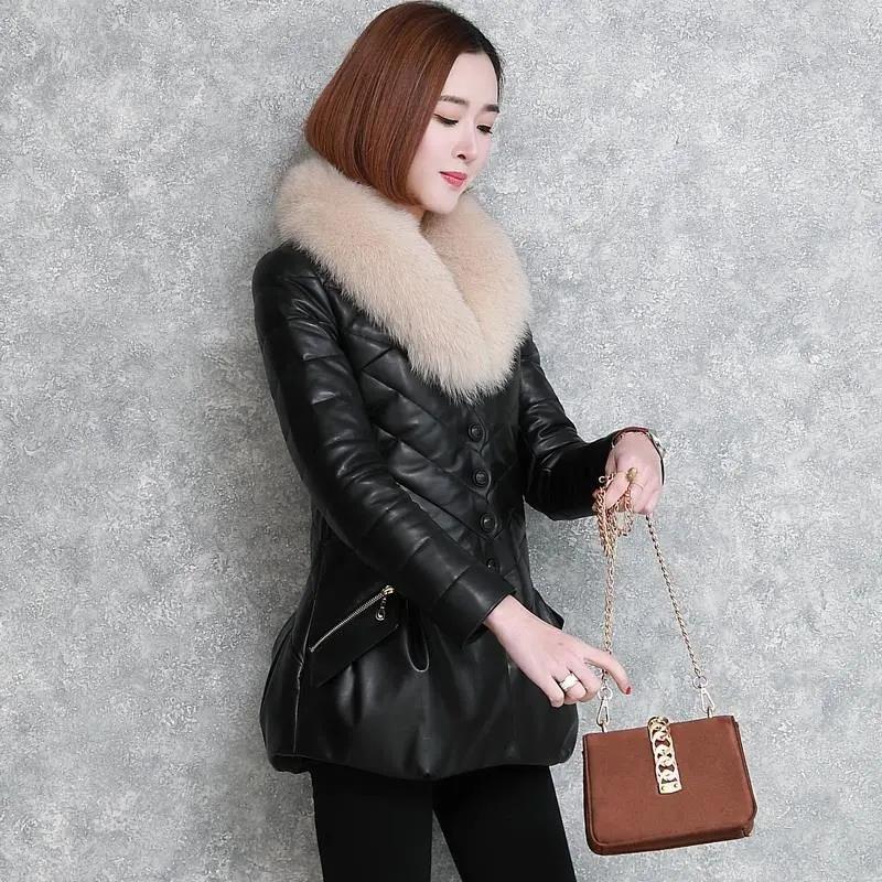 

Women's Leather Winter Women PU Jacket 2022 Female Down Cotton Overcoat Faux Fur Collar Parkas Coat, Black