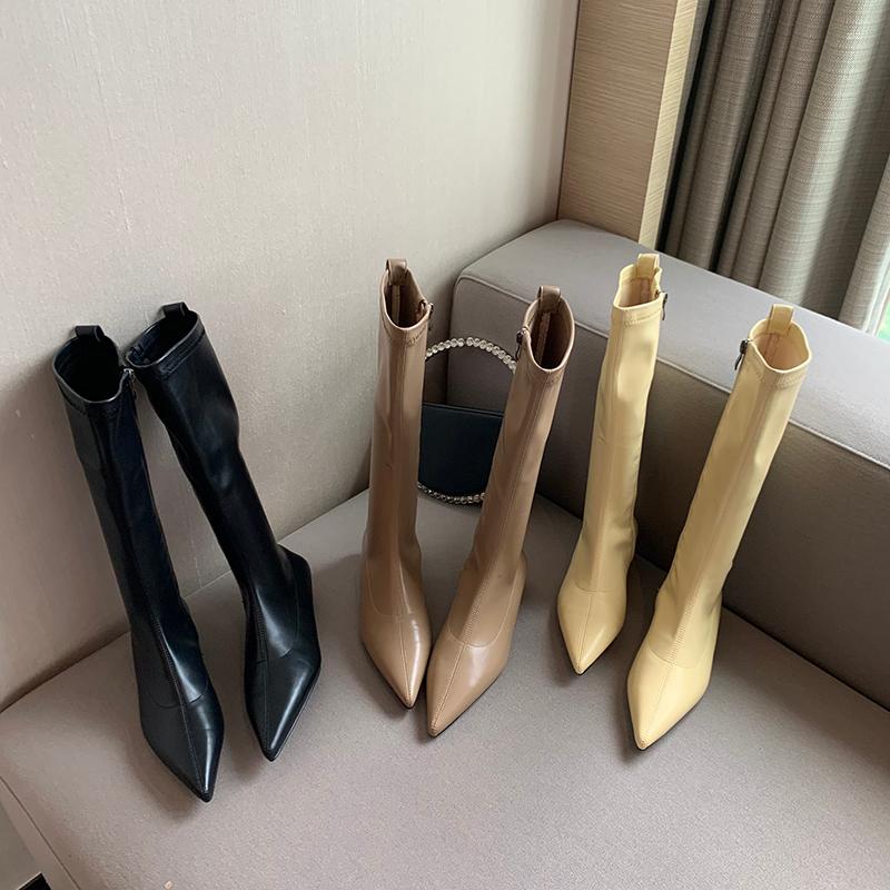 

Boots Pointed Toe Women Knee High 2022 Arrivals Stretch Shoes Black Khaki Yellow Thin Low Heels Side Zipper Knight Booties